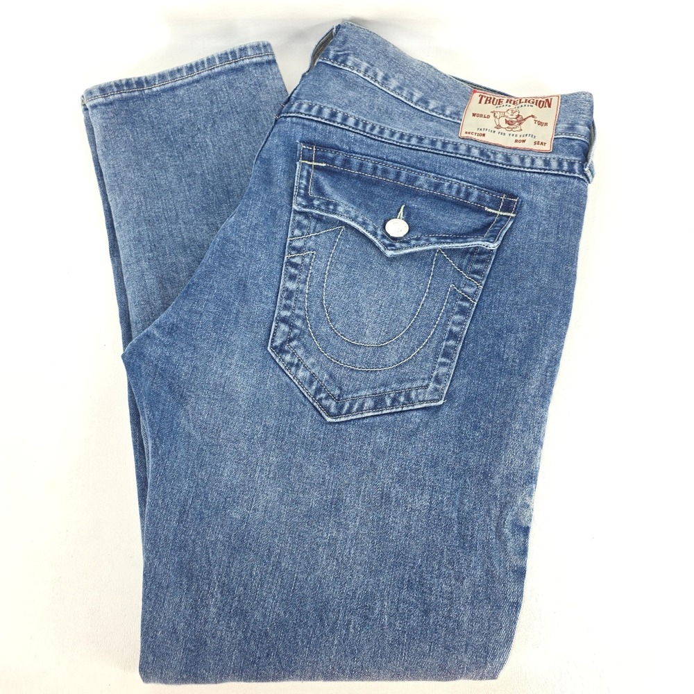 True Religion Rocco Relaxed‎ Skinny Jeans Mens 42x31 Denim Whisker Faded Stretch
